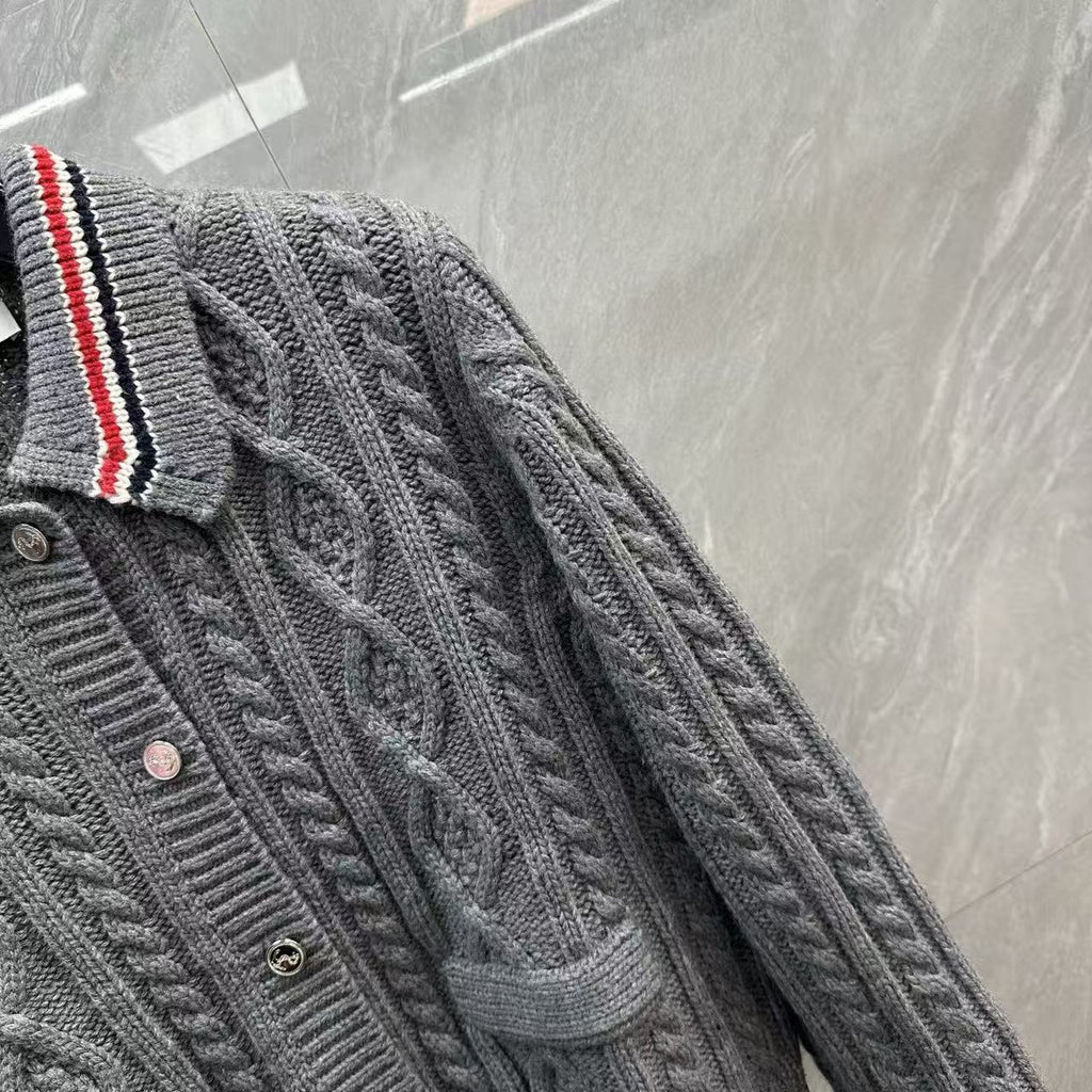 Thom Browne Style Gray Cable-Knit Collared Cardigan