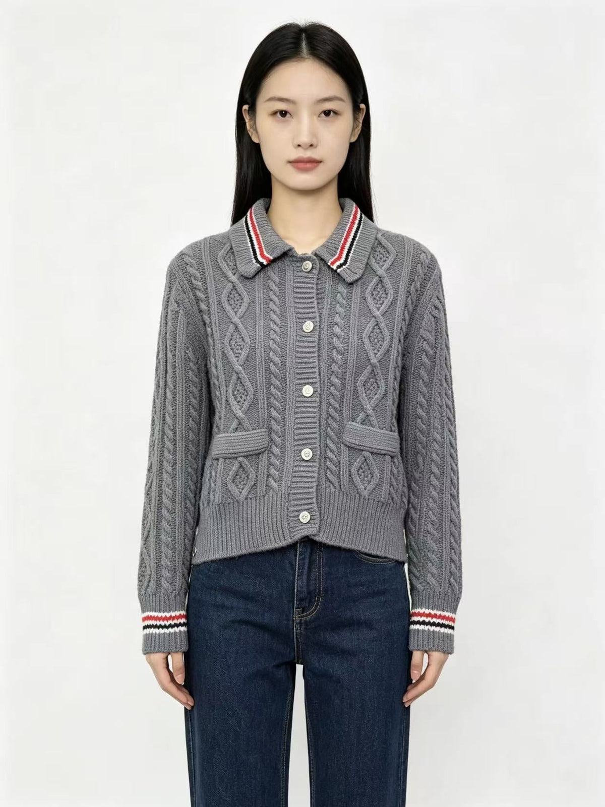 Thom Browne Style Gray Cable-Knit Collared Cardigan