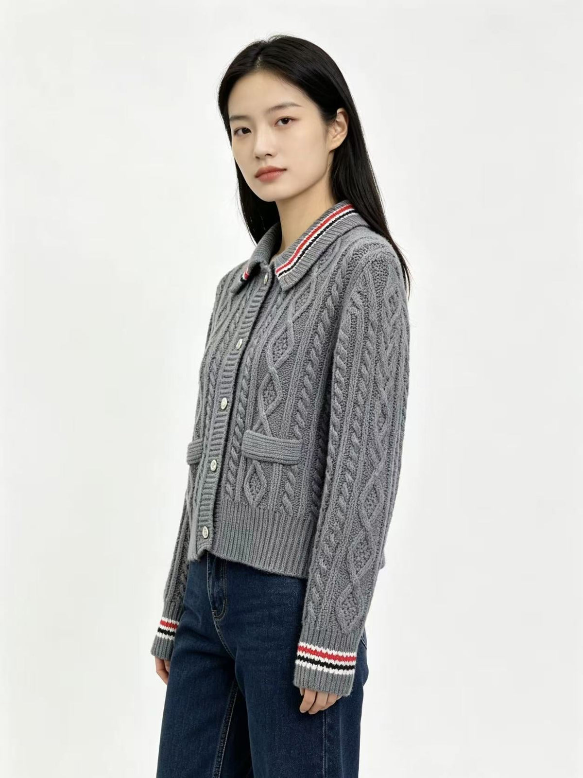 Thom Browne Style Gray Cable-Knit Collared Cardigan