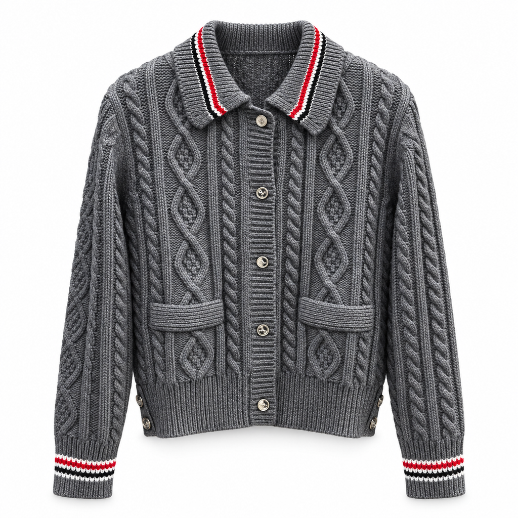 Thom Browne Style Gray Cable-Knit Collared Cardigan