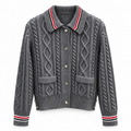 Thom Browne Style Gray Cable-Knit Collared Cardigan