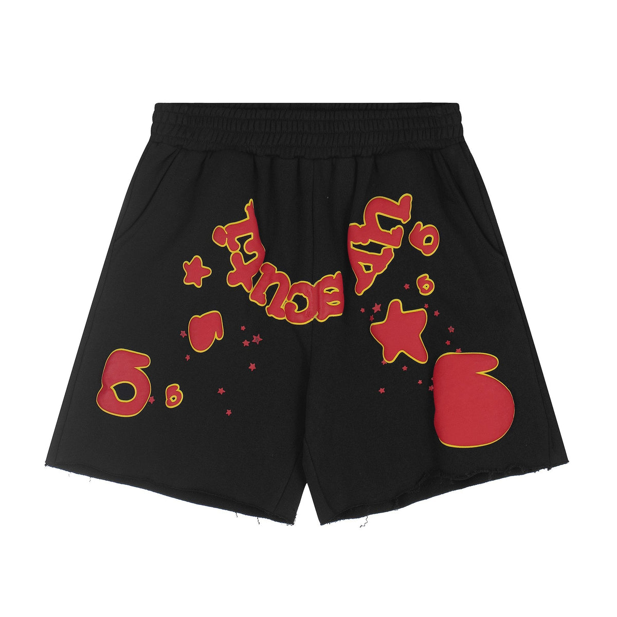 Sp5der Black Graphic Raw-Hem Shorts