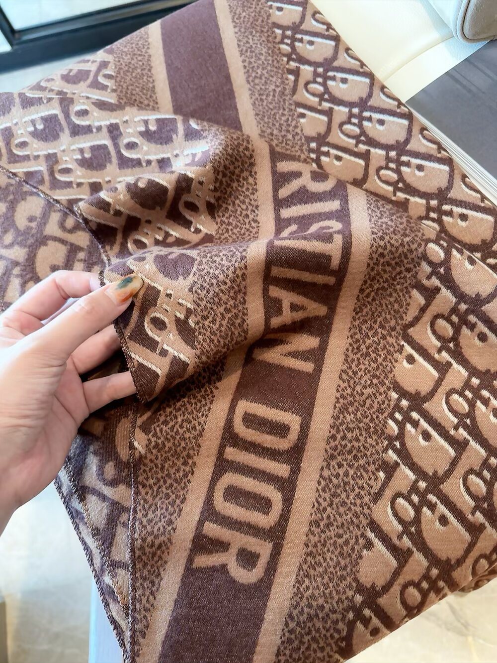 Dior Brown & Beige Fringed Scarf Shawl