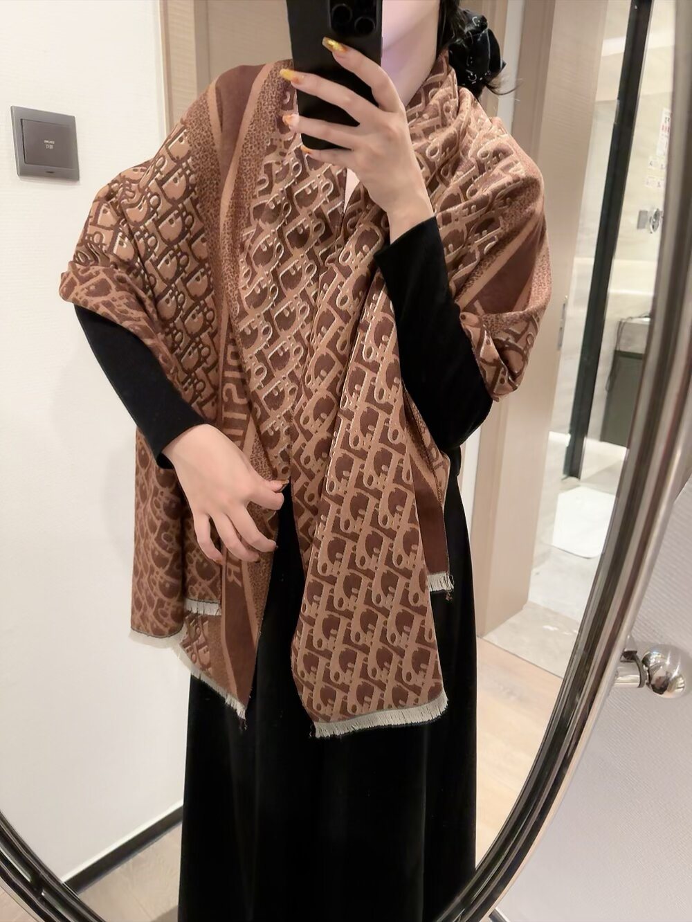 Dior Brown & Beige Fringed Scarf Shawl