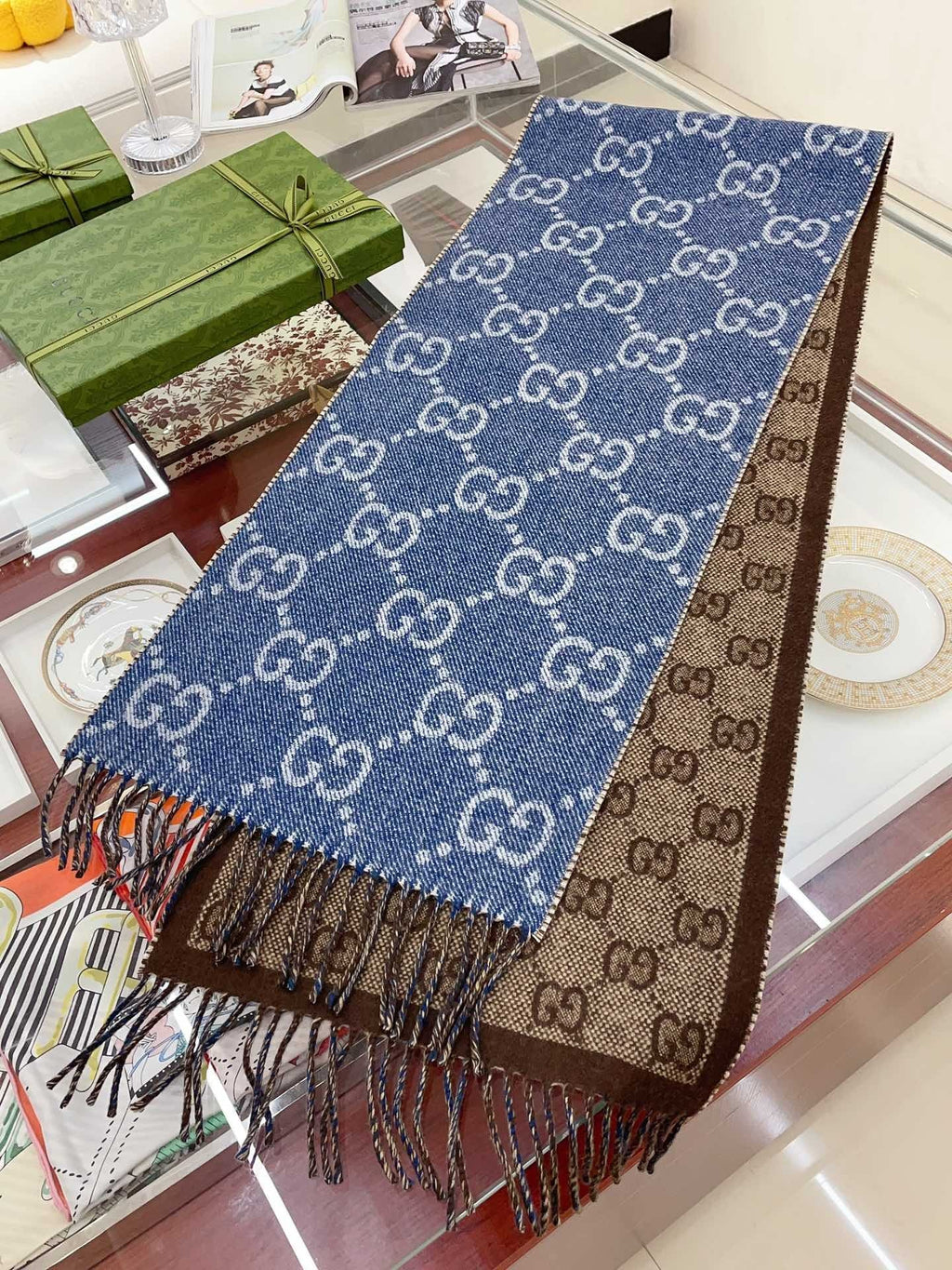 Gucci Reversible Blue and Brown Fringed Scarf