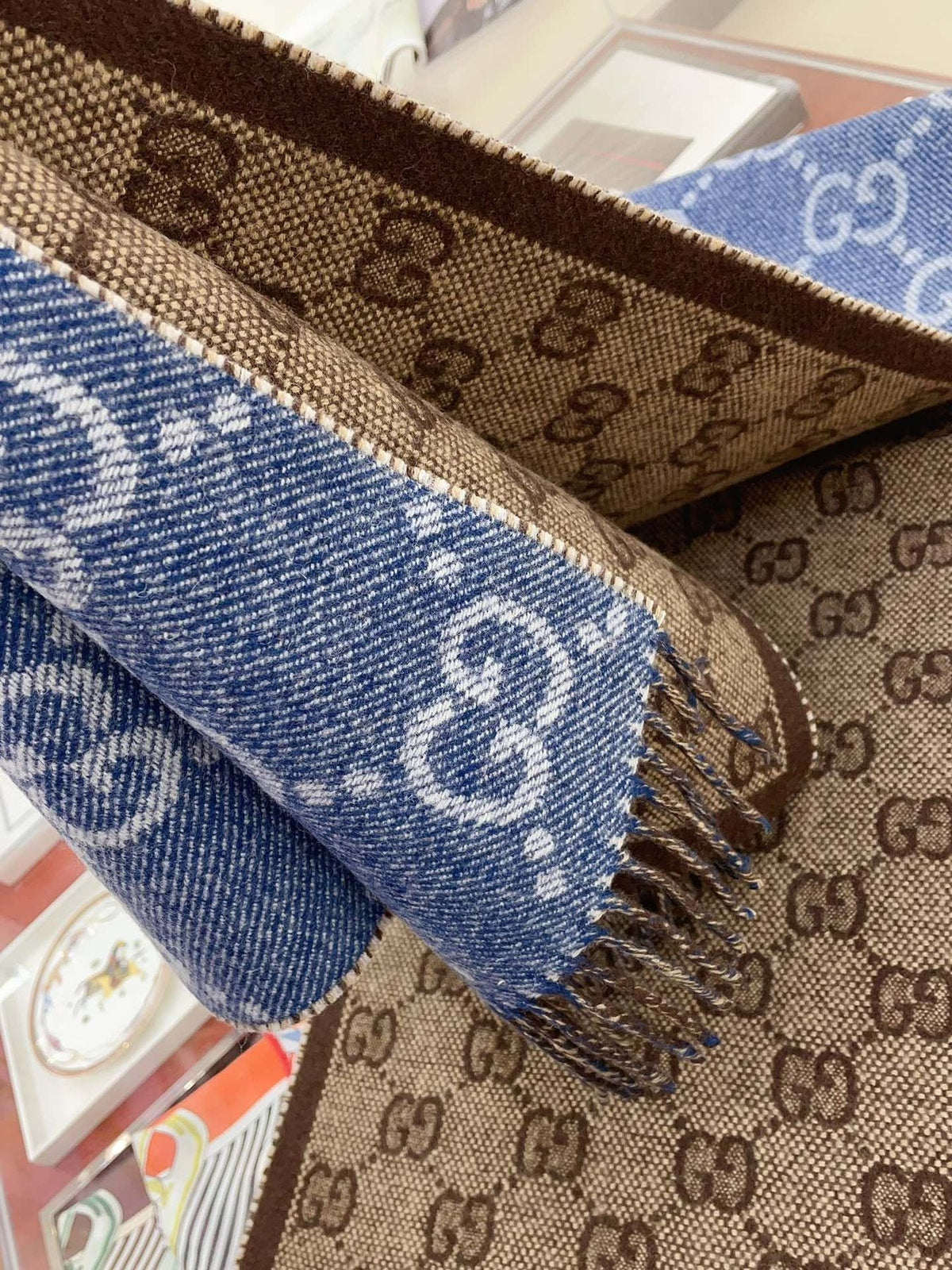 Gucci Reversible Blue and Brown Fringed Scarf