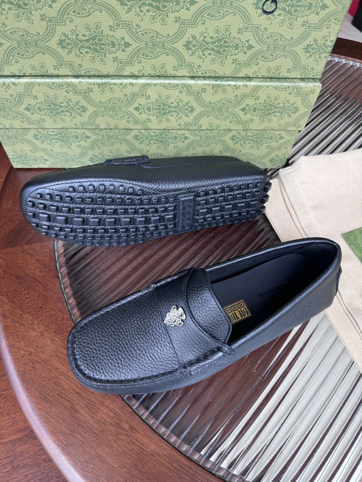 Gucci Dark Navy Pebbled Leather Driving Loafers
