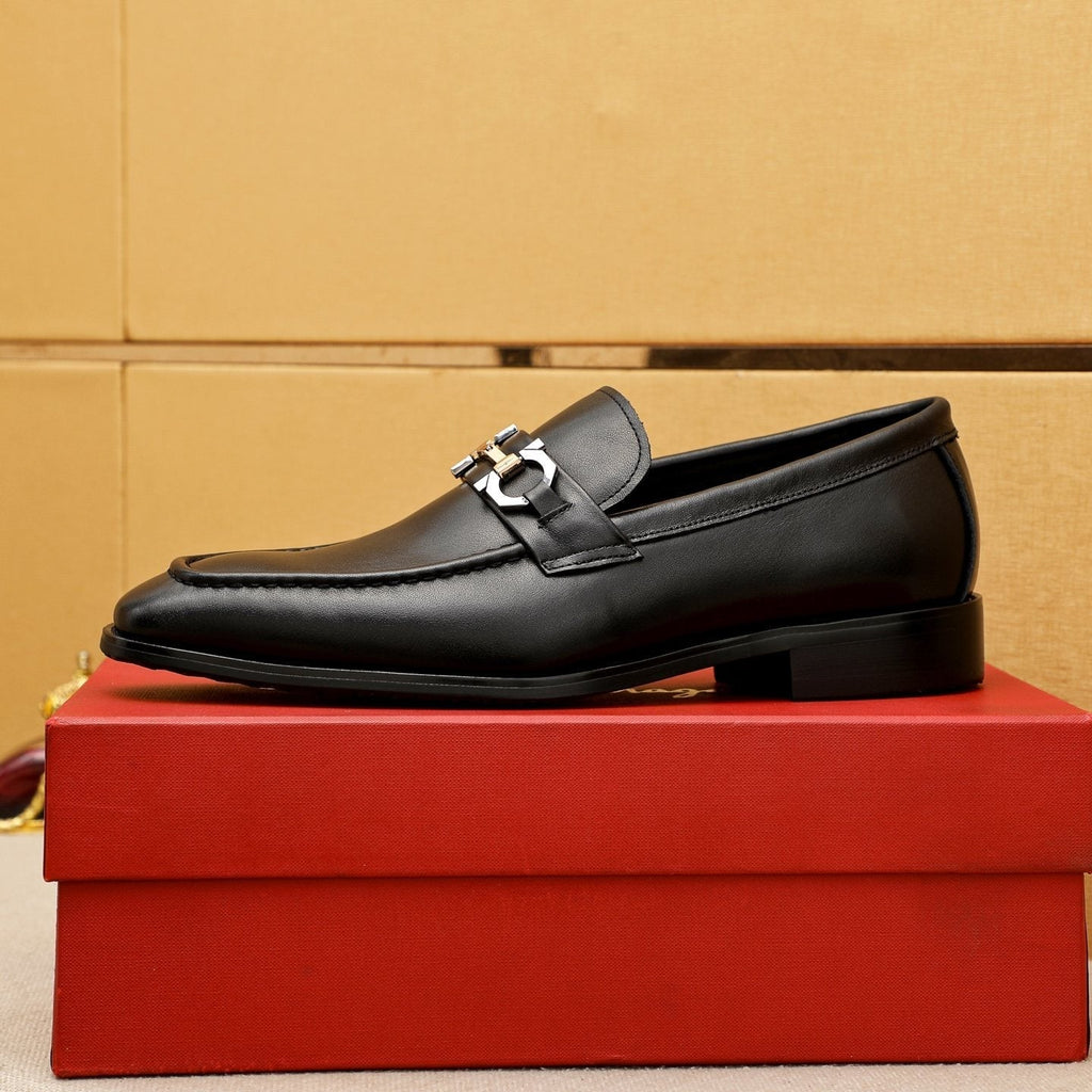 Salvatore Ferragamo Men's Black Buckle Loafers - Polished Metal Buckle Detail