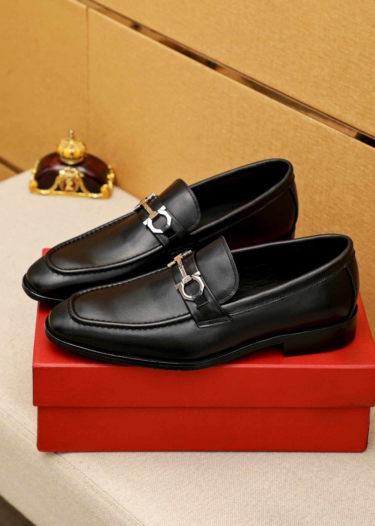 Salvatore Ferragamo Men's Black Buckle Loafers - Polished Metal Buckle Detail